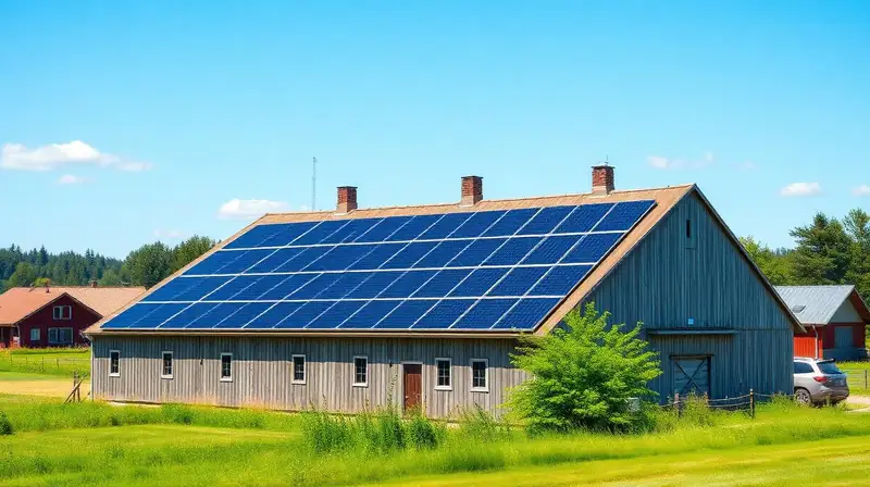 Solceller på lantbruksbyggnad i svensk landsbygd